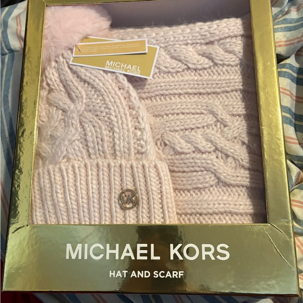 Michael Kors Light Pink Cable Knit Hat & Scarf Set with Gold MK Accent